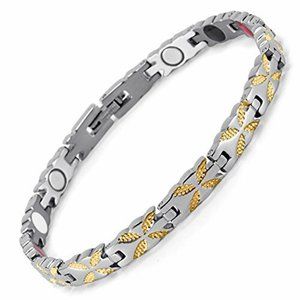 8 inch Womens Magnetic Stainless Steel Bracelet Silver Yellow Gold Flower Design